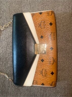 MCM Patricia Visetos Coated Leather Black & White Leather Crossbody Shoulder Bag